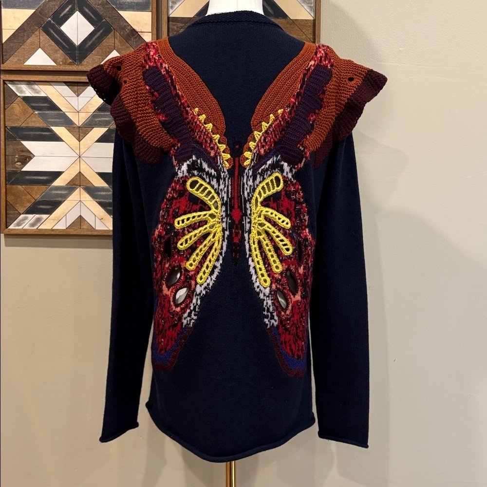 Chloé Cashmere Wool Knit Sweater Crochet Butterfly Intarsia Royal Navy Small
